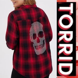 NWT TORRID BUTTON-UP SHIRT  TWILL PLAID SKULL RED 4x 0x